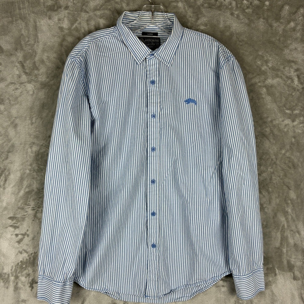 American Rag Mens Striped Button Down Shirt Long Sleeve Blue White L